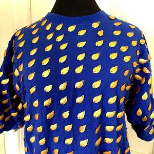Vintage Gene Ewing Bis Bis Gold Leaf Embellished Blue Cotton Knit Tee Top S